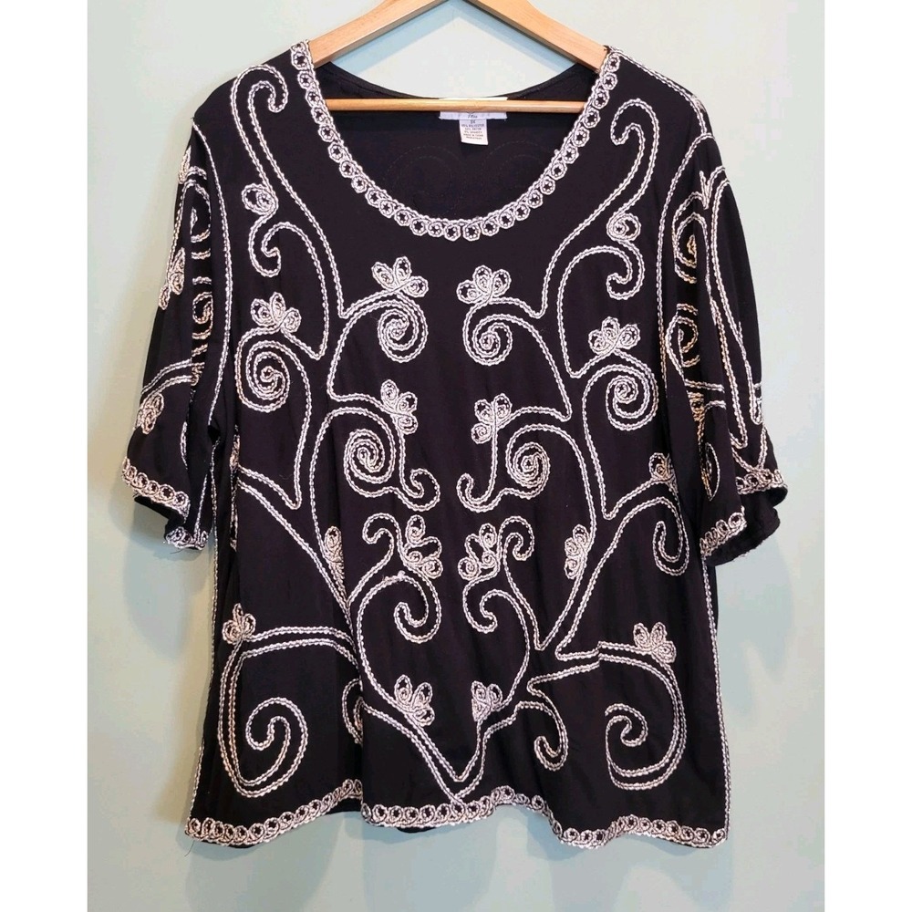 Black All Over Swirl Embroidered Artsy Short Sleeve Top Once Again Sz 3X